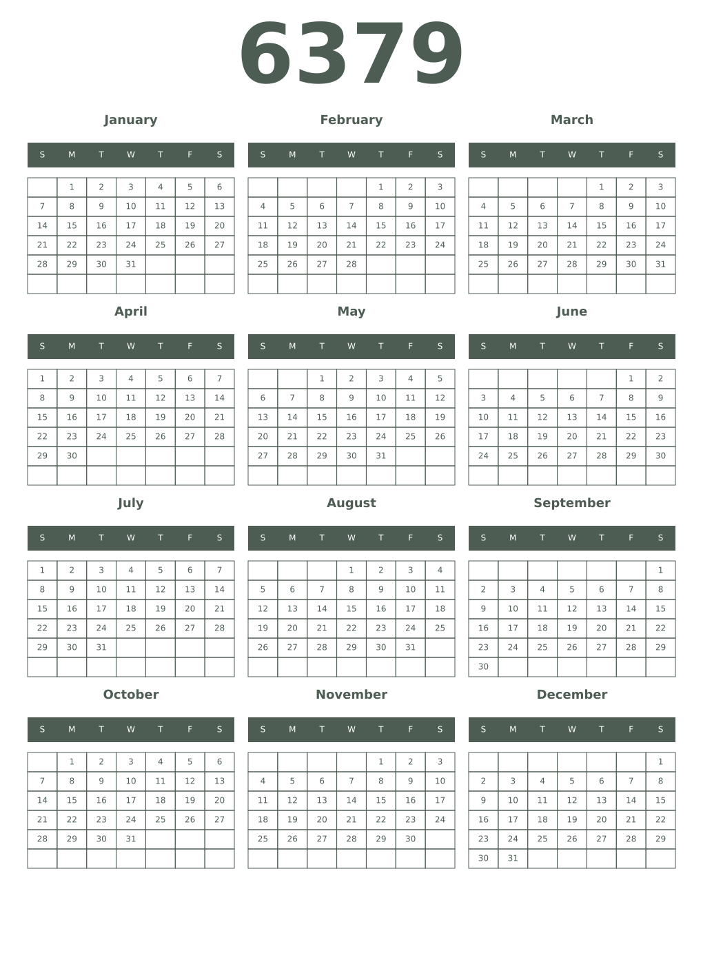 Printable 6379 Year Calendars feldgrau