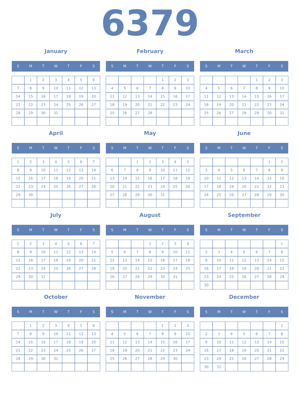 Printable 6379 Year Calendars glaucous