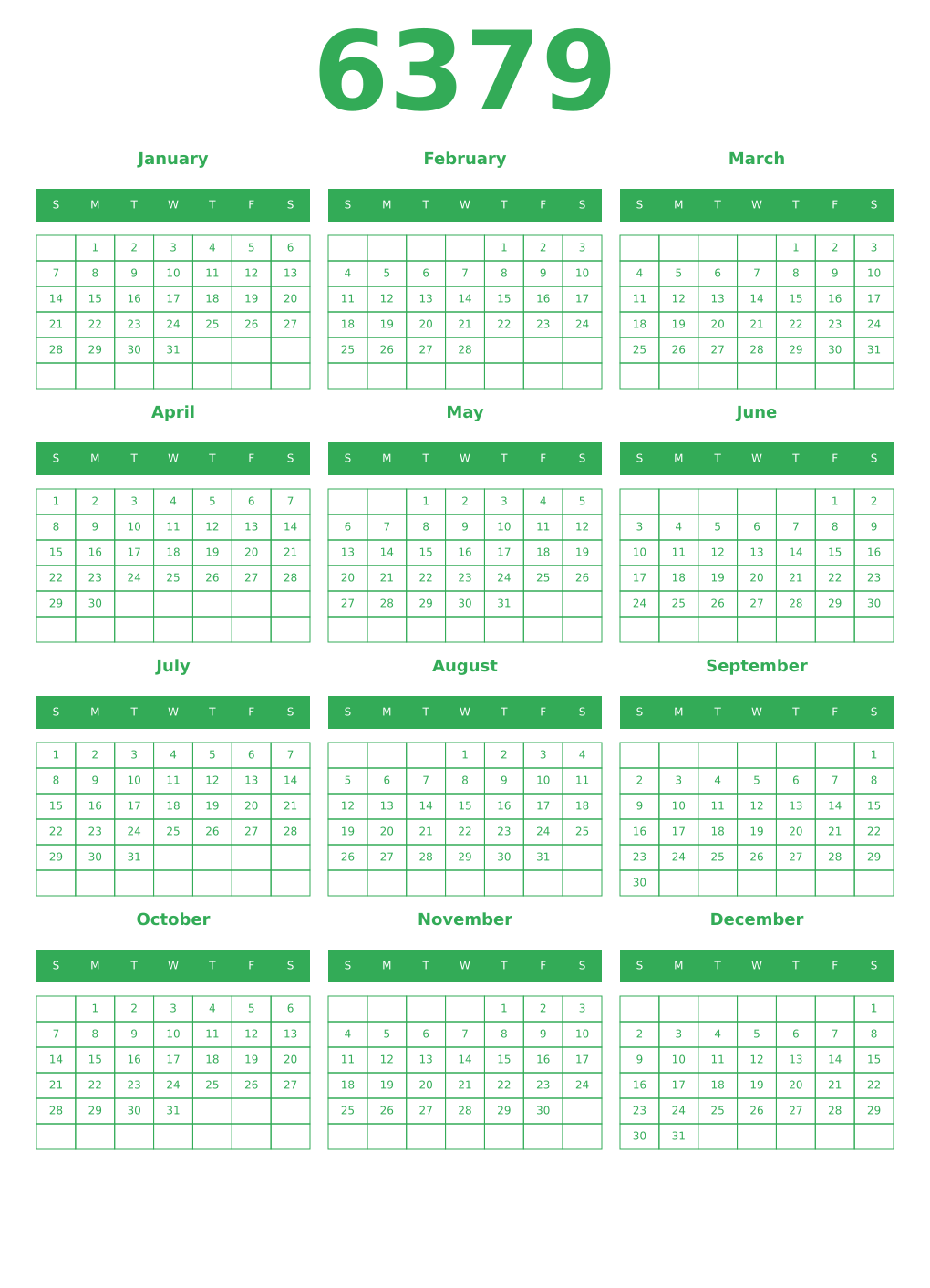 Printable 6379 Year Calendars green
