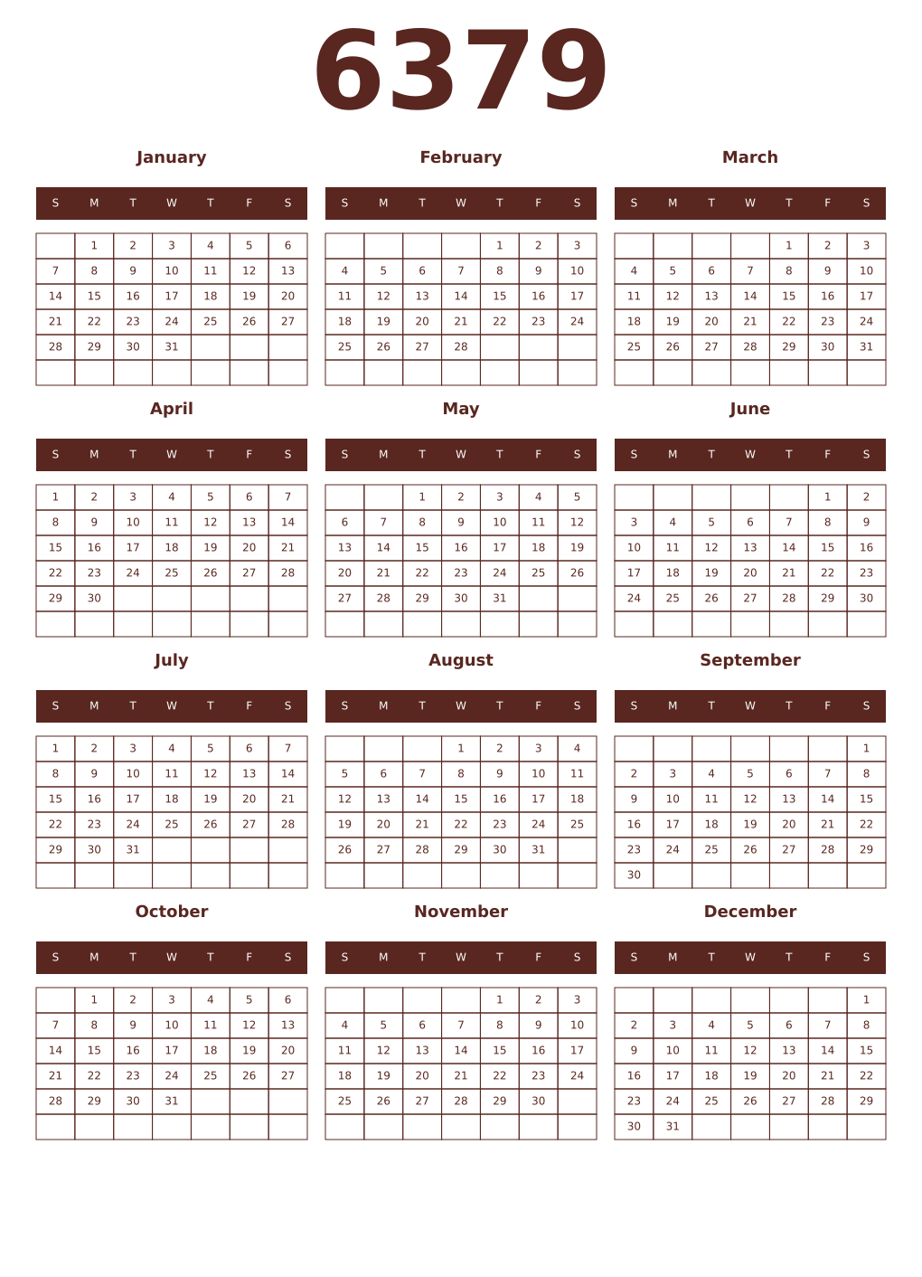 Printable 6379 Year Calendars mortuum