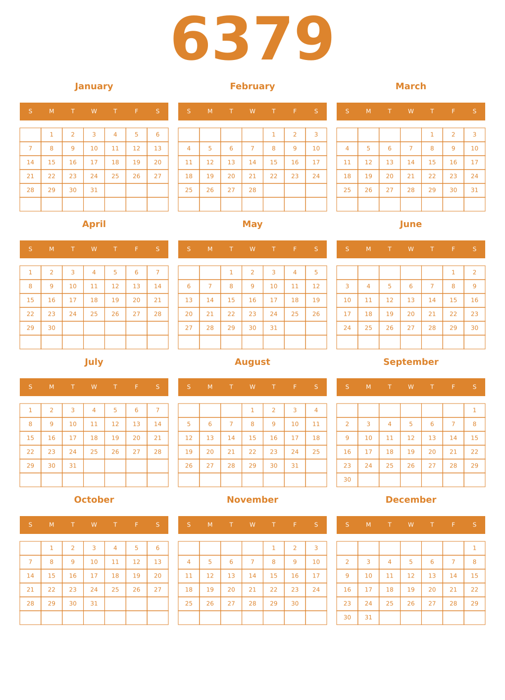 Printable 6379 Year Calendars orange