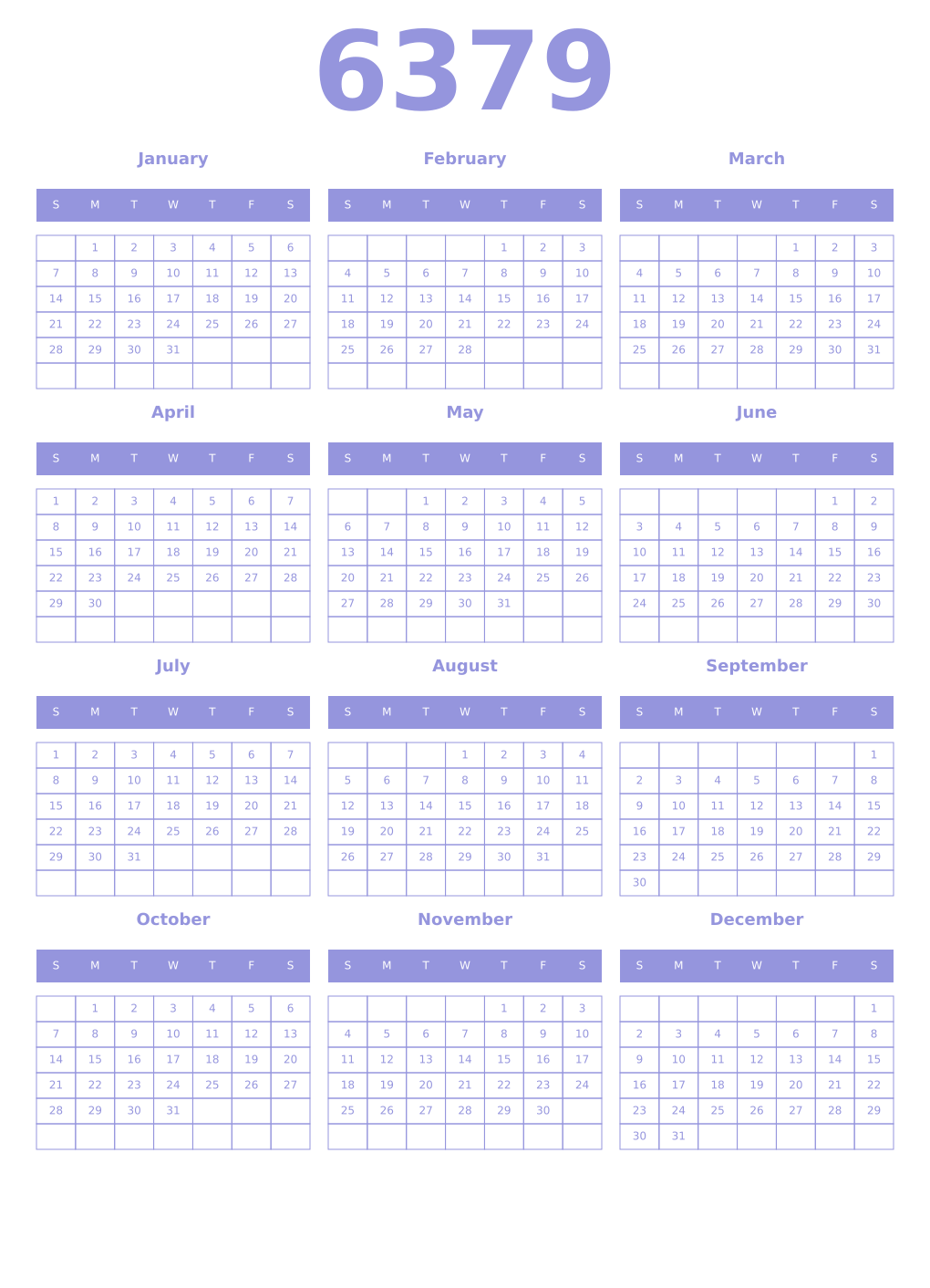 Printable 6379 Year Calendars periwinkle