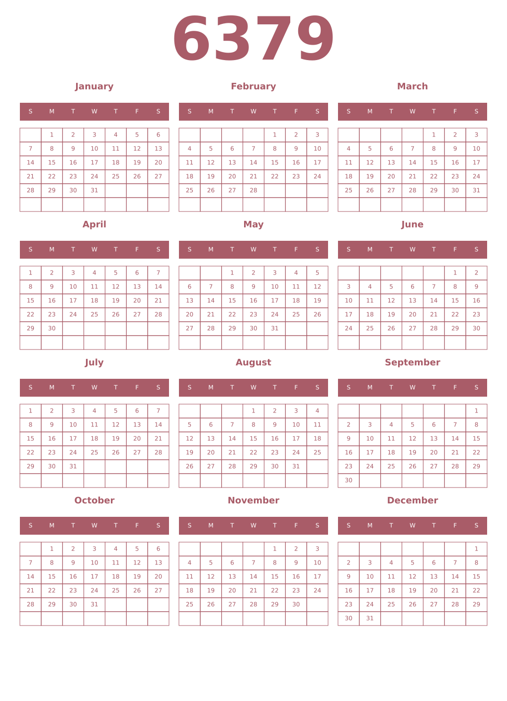Printable 6379 Year Calendars puce