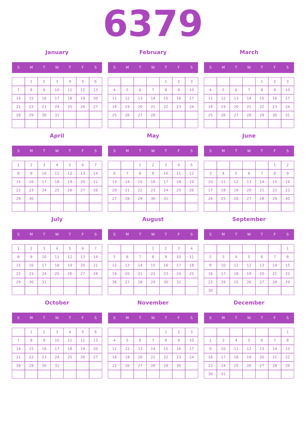 Printable 6379 Year Calendars purple
