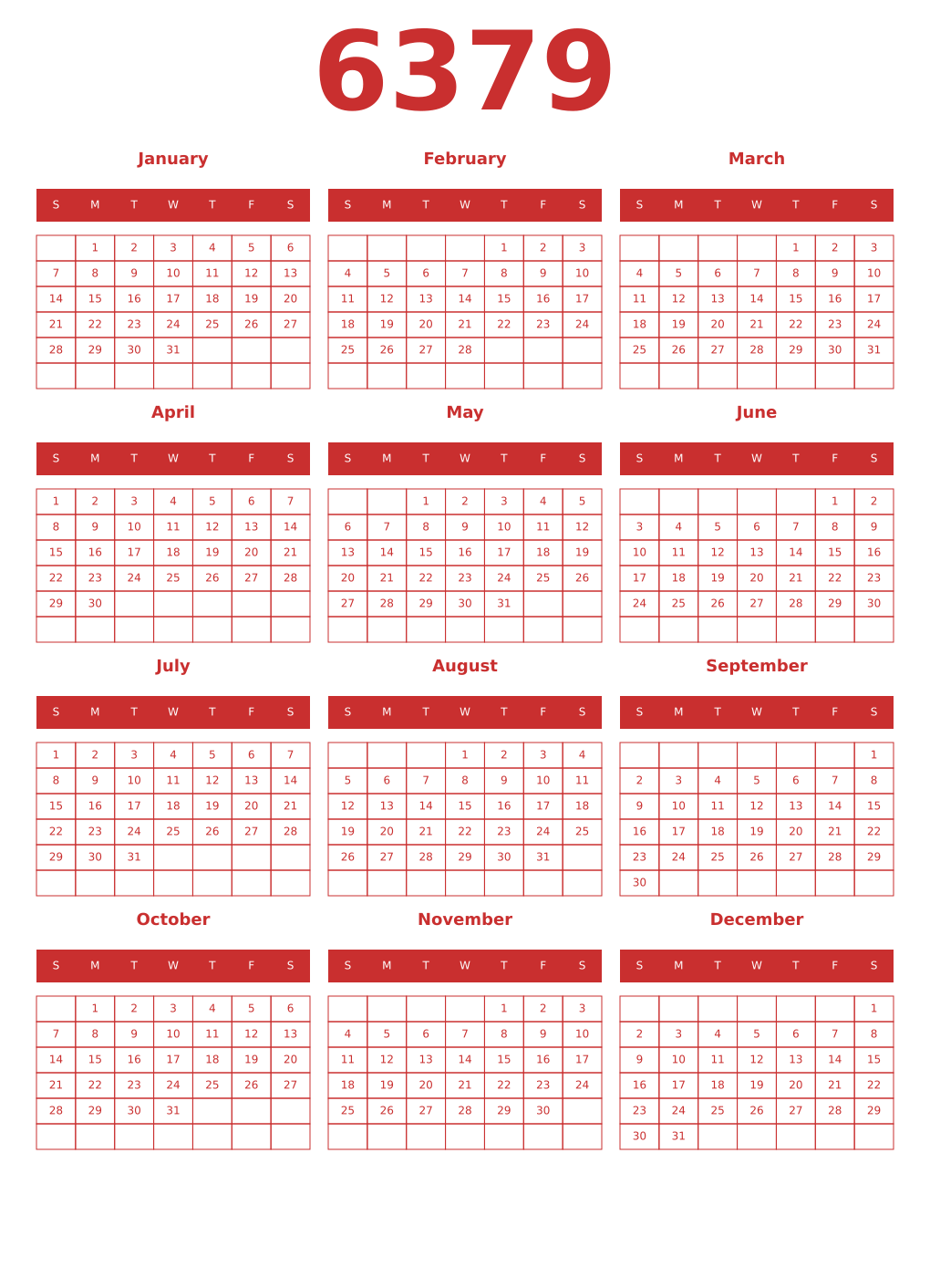 Printable 6379 Year Calendars red