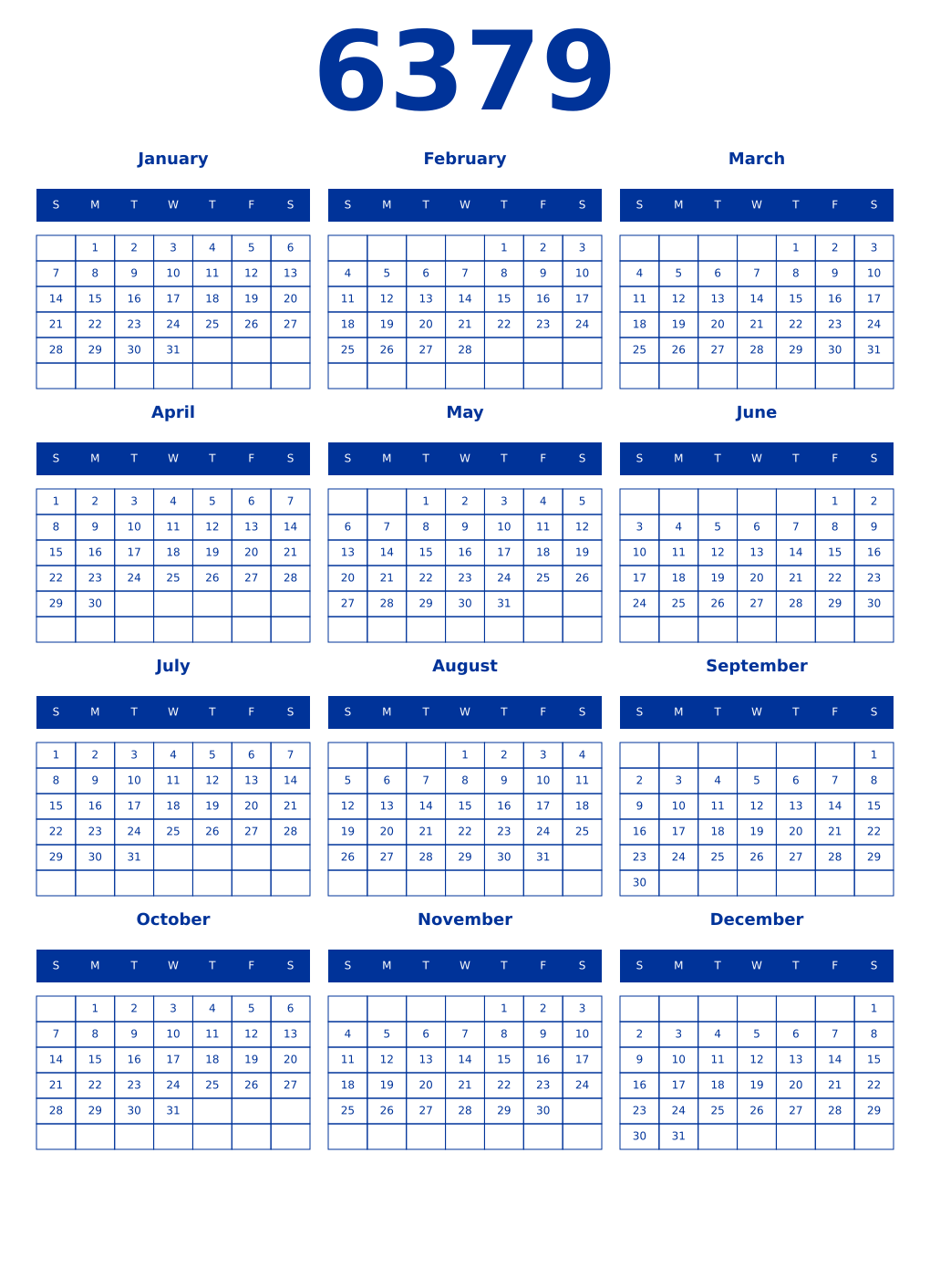 Printable 6379 Year Calendars smalt