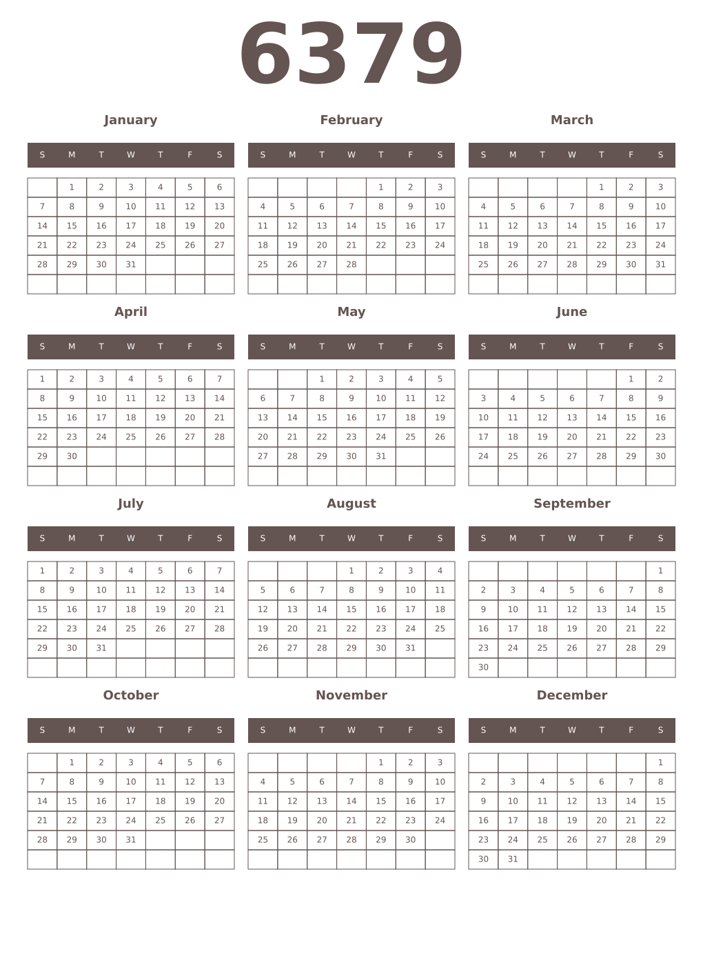 Printable 6379 Year Calendars wenge