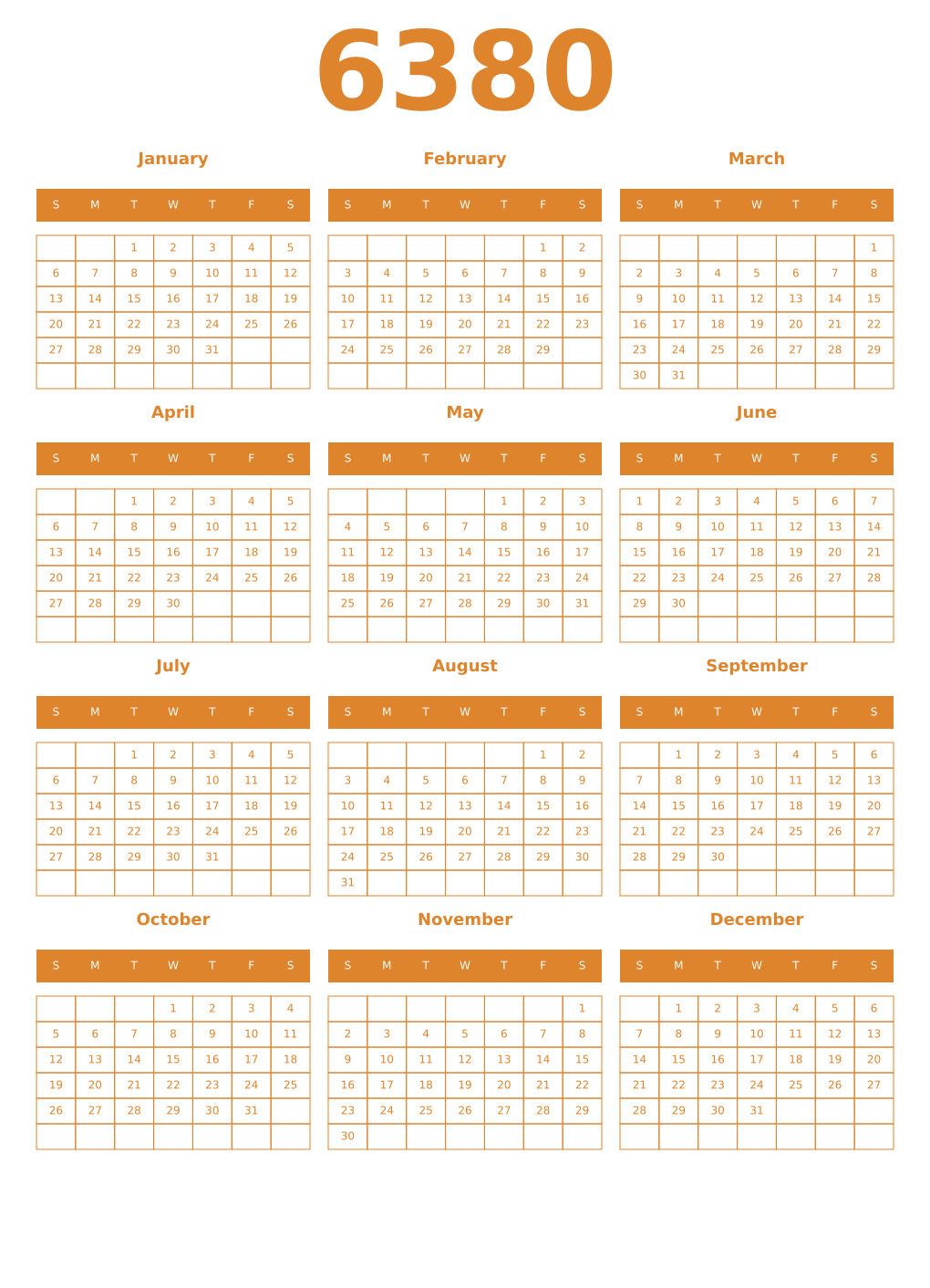 Printable 6380 Year Calendars orange