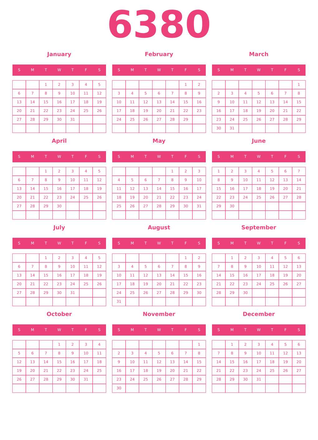 Printable 6380 Year Calendars pink