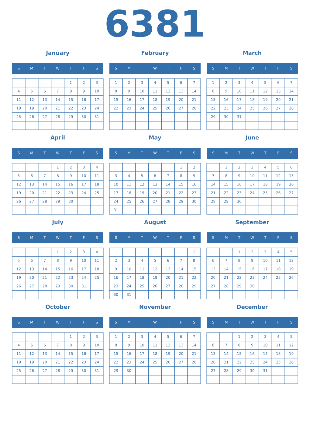Printable 6381 Year Calendars blue