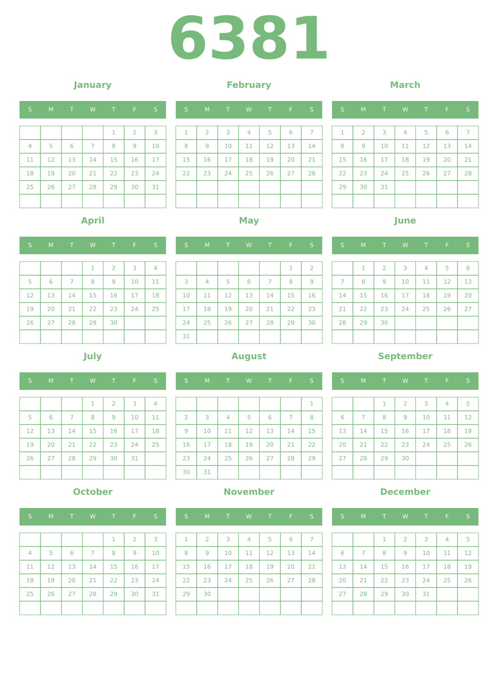 Printable 6381 Year Calendars celadon