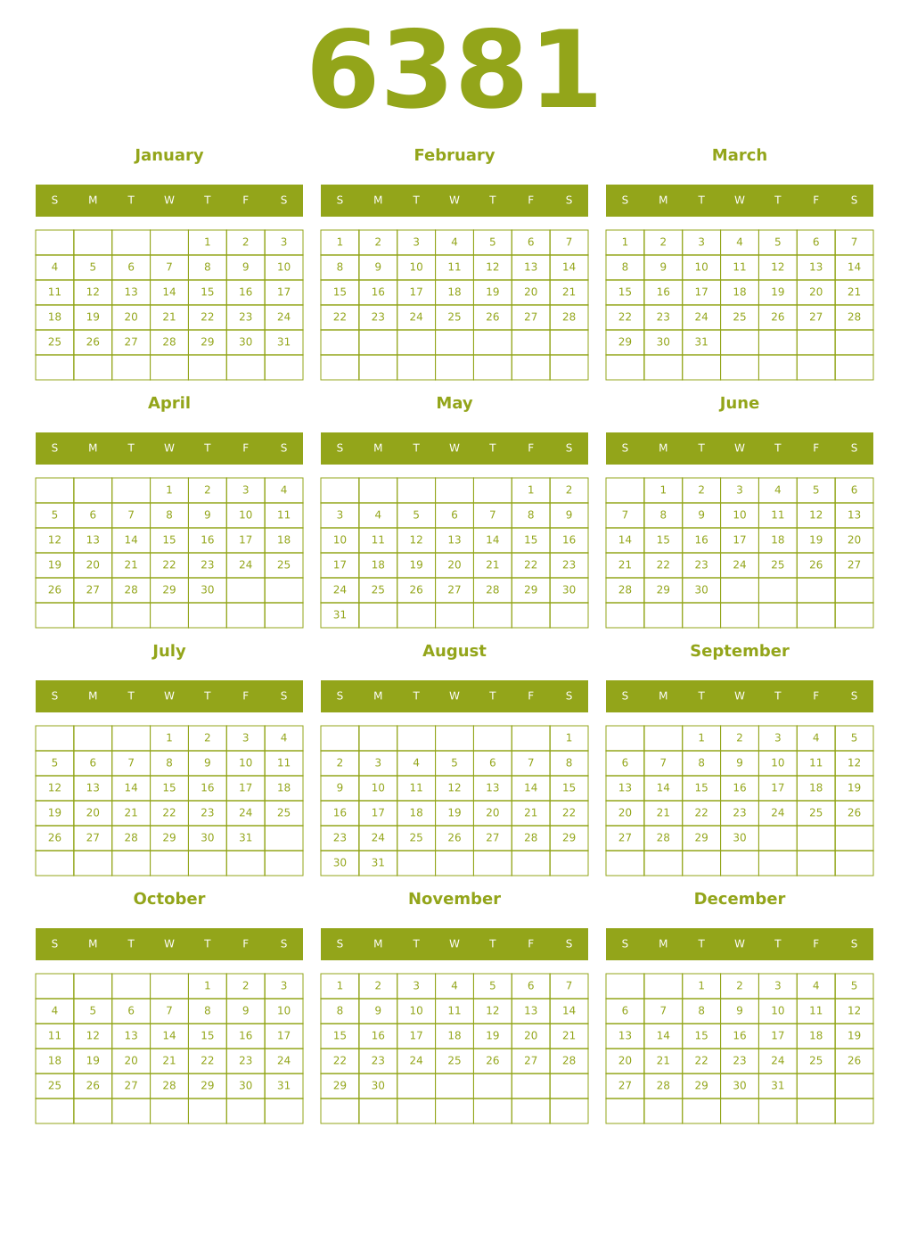 Printable 6381 Year Calendars chartreuse