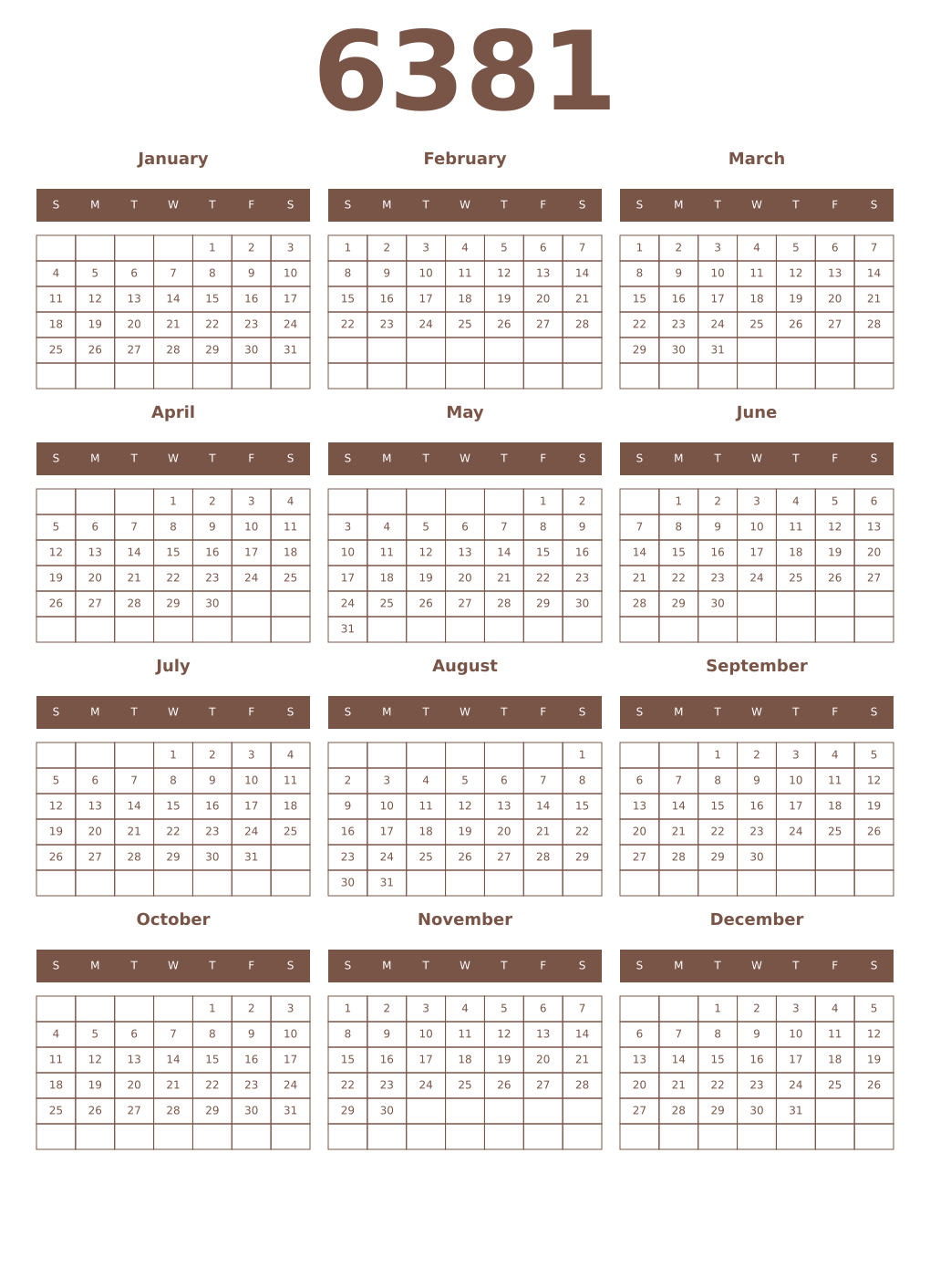 Printable 6381 Year Calendars coffe