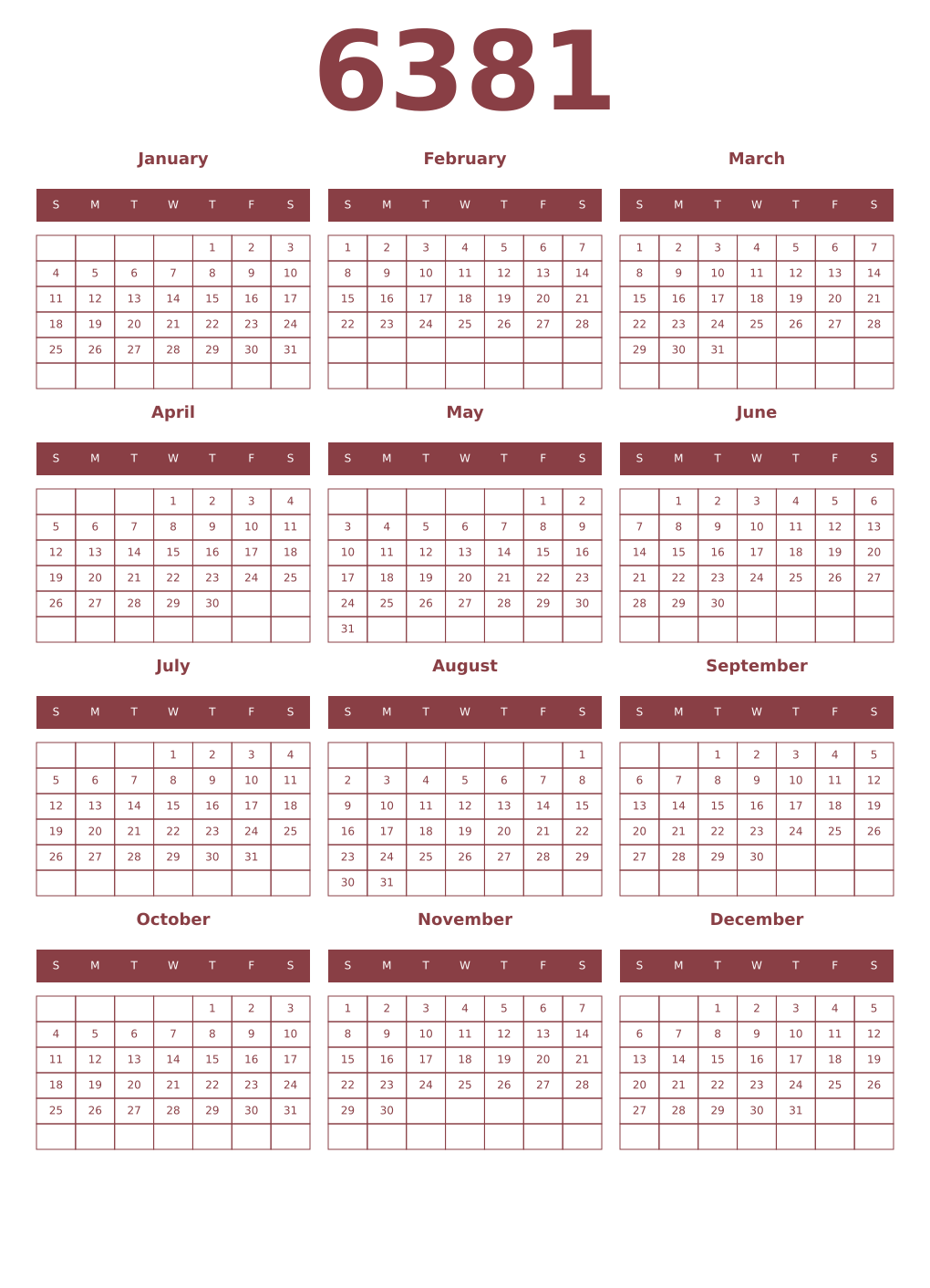 Printable 6381 Year Calendars cordovan