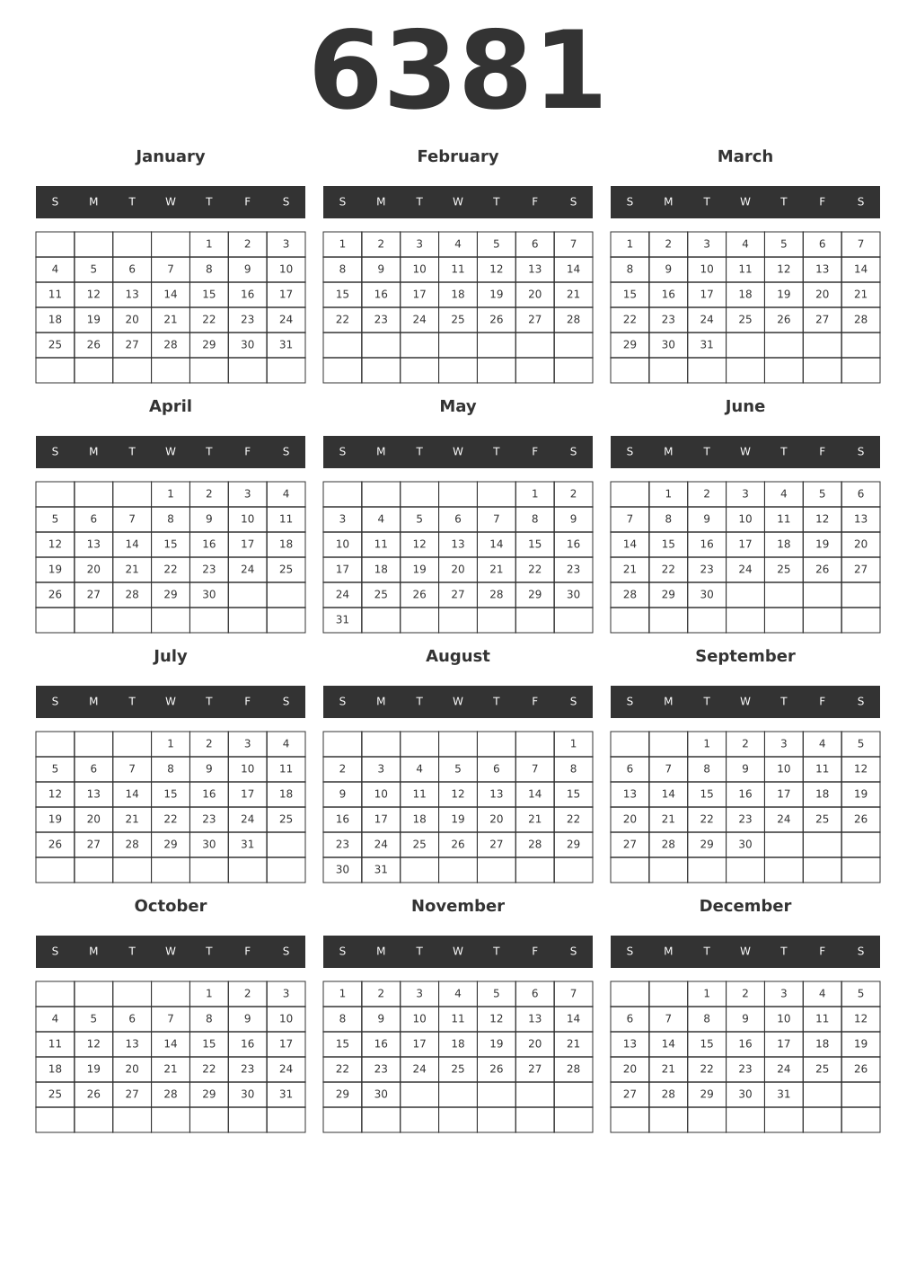 Printable 6381 Year Calendars dark