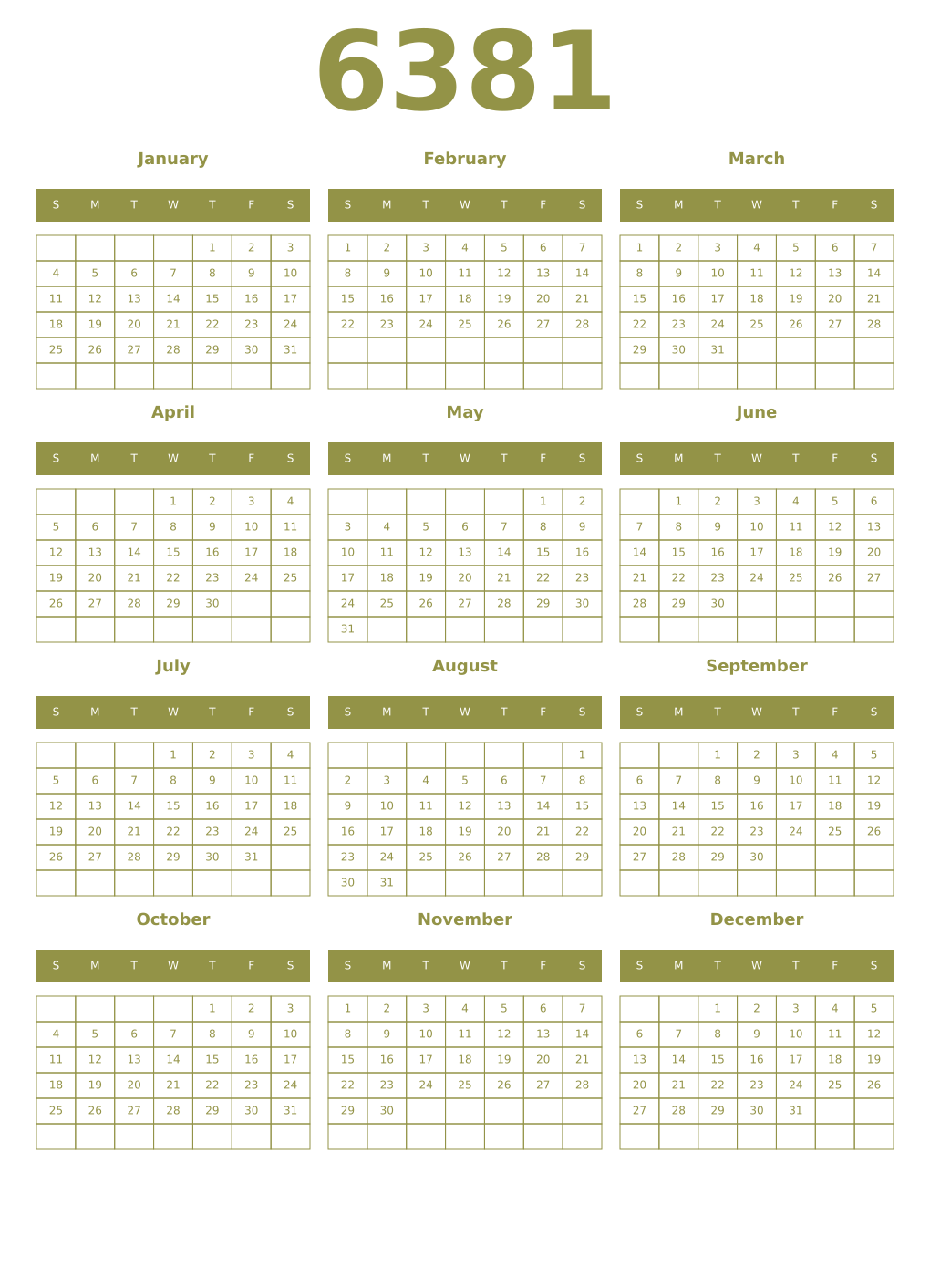 Printable 6381 Year Calendars eburnean