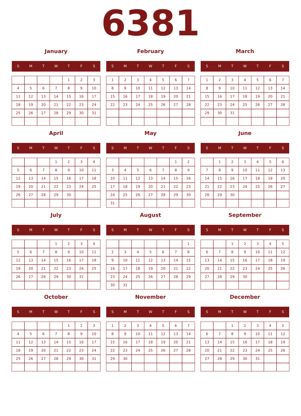 Printable 6381 Year Calendars falu