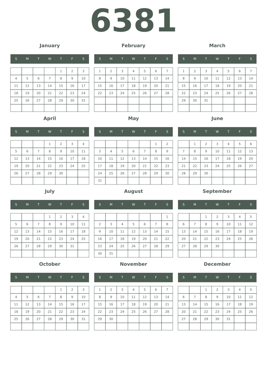 Printable 6381 Year Calendars feldgrau