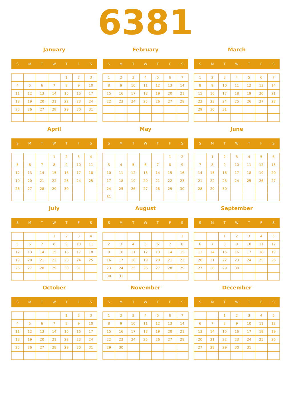 Printable 6381 Year Calendars gamboge