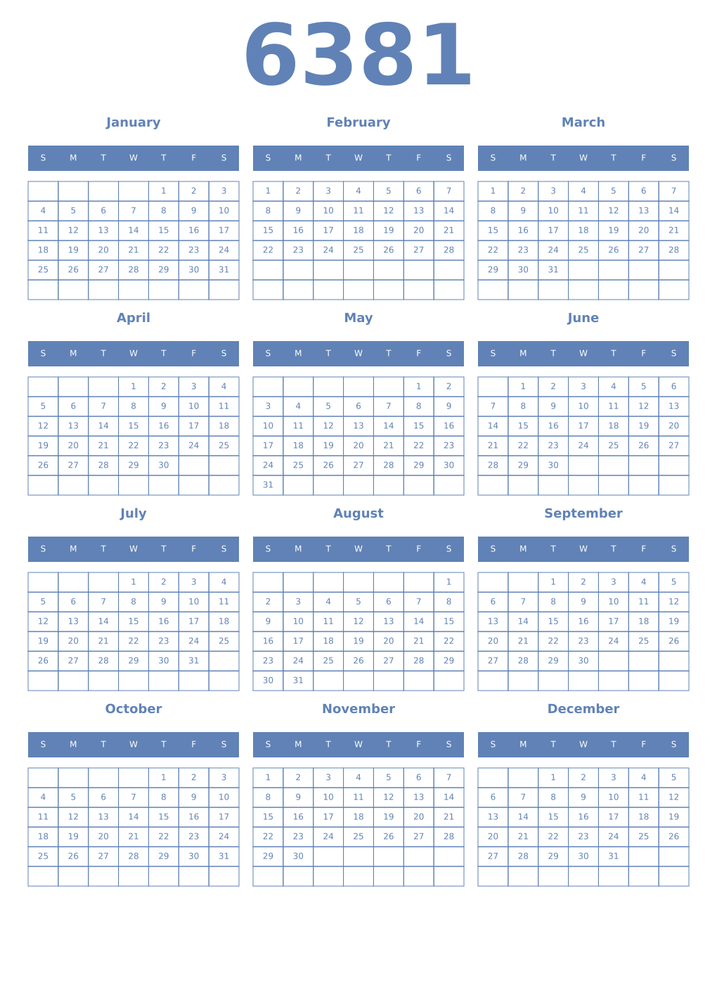 Printable 6381 Year Calendars glaucous