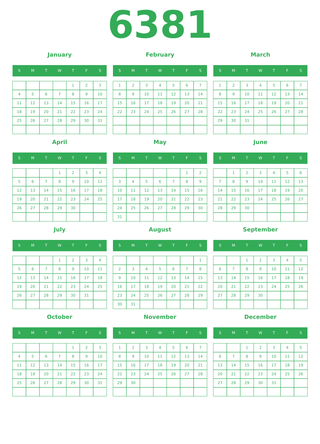 Printable 6381 Year Calendars green