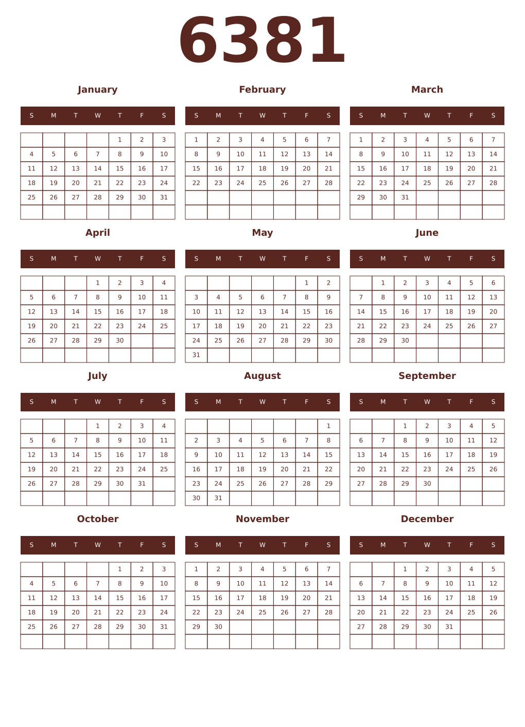 Printable 6381 Year Calendars mortuum