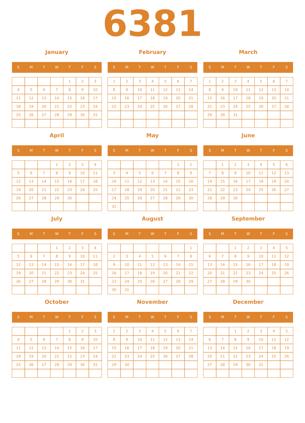 Printable 6381 Year Calendars orange