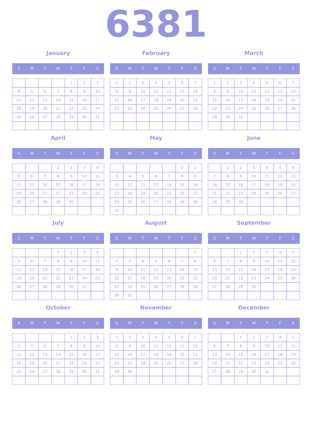 Printable 6381 Year Calendars periwinkle