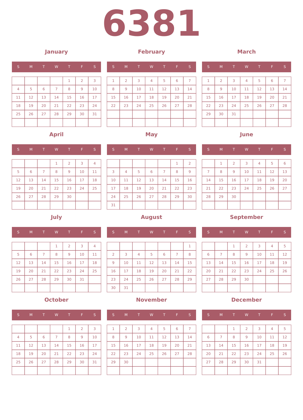 Printable 6381 Year Calendars puce