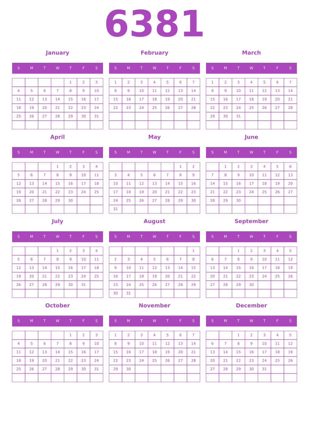 Printable 6381 Year Calendars purple