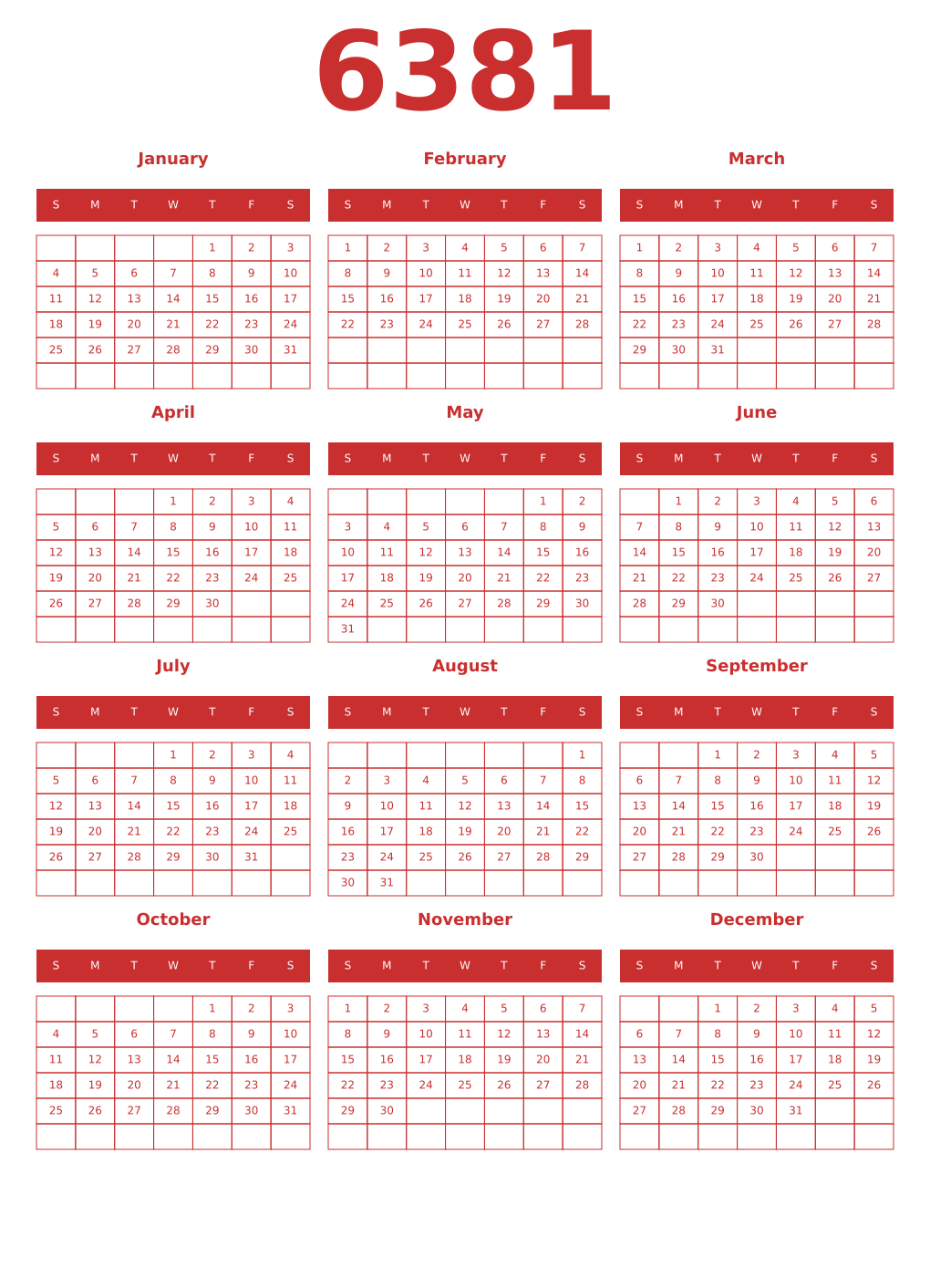 Printable 6381 Year Calendars red