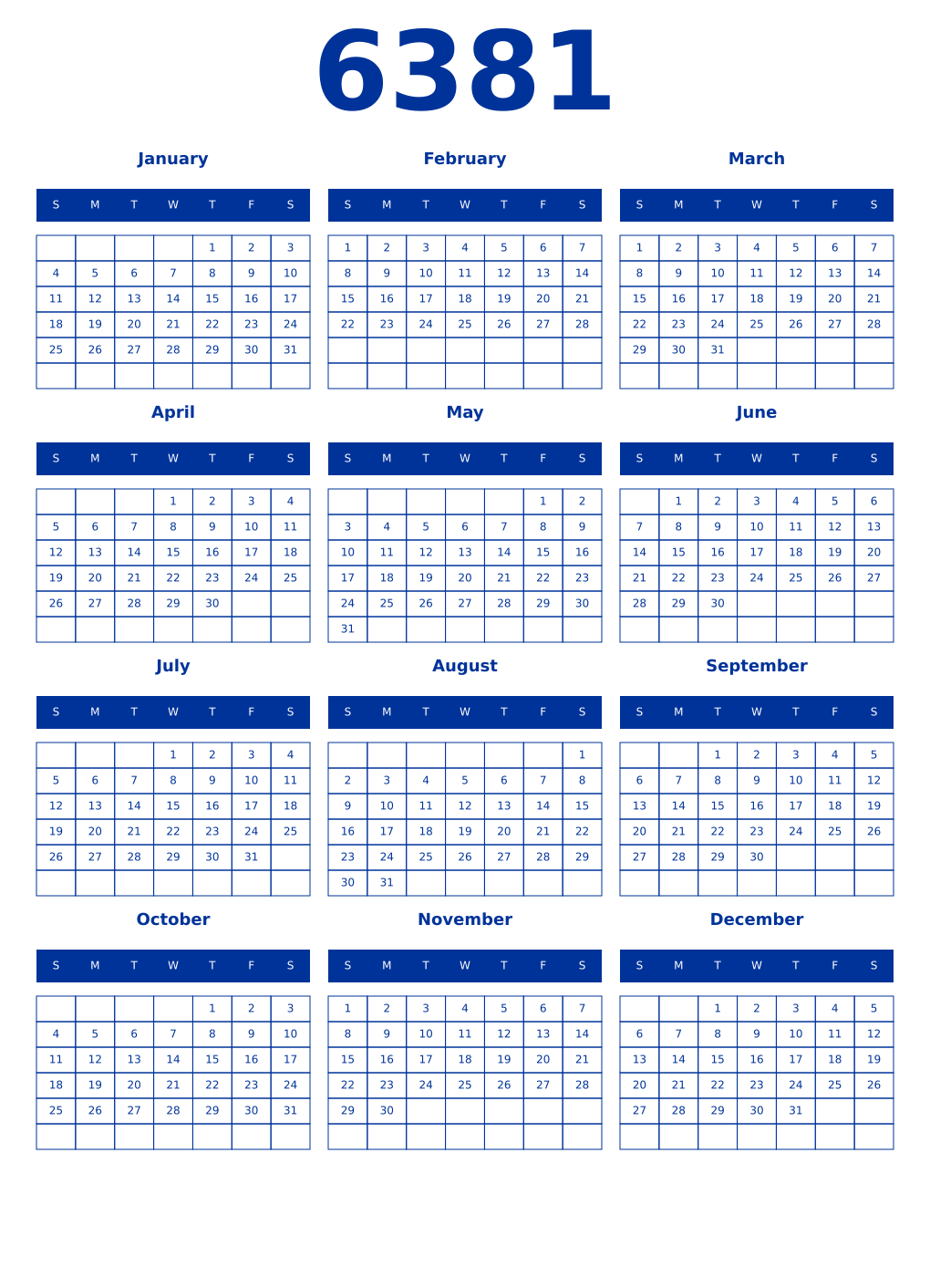 Printable 6381 Year Calendars smalt
