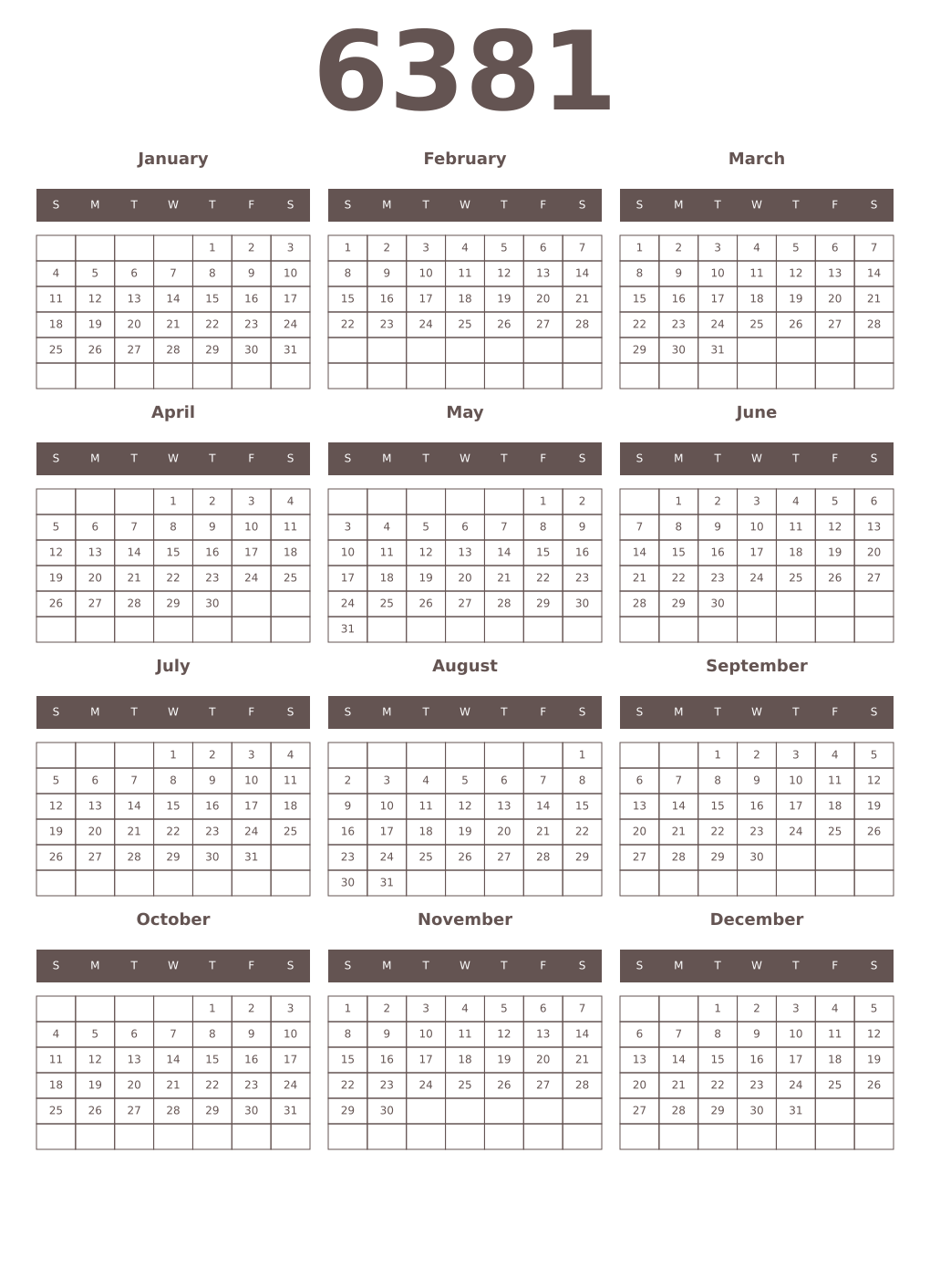 Printable 6381 Year Calendars wenge