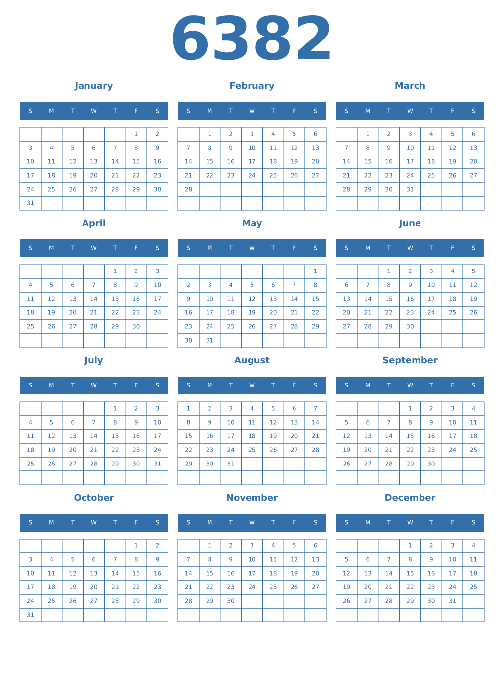 Printable 6382 Year Calendars blue