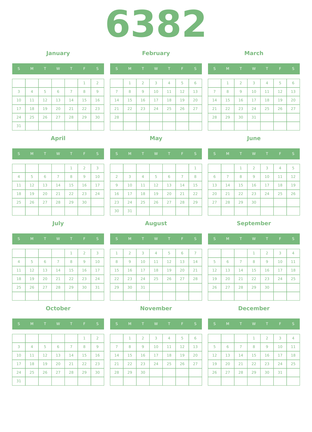 Printable 6382 Year Calendars celadon