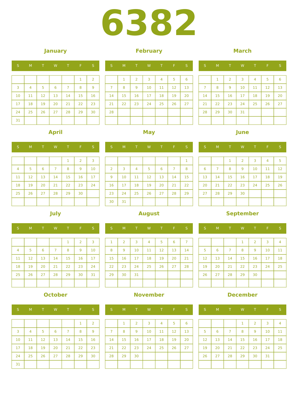 Printable 6382 Year Calendars chartreuse