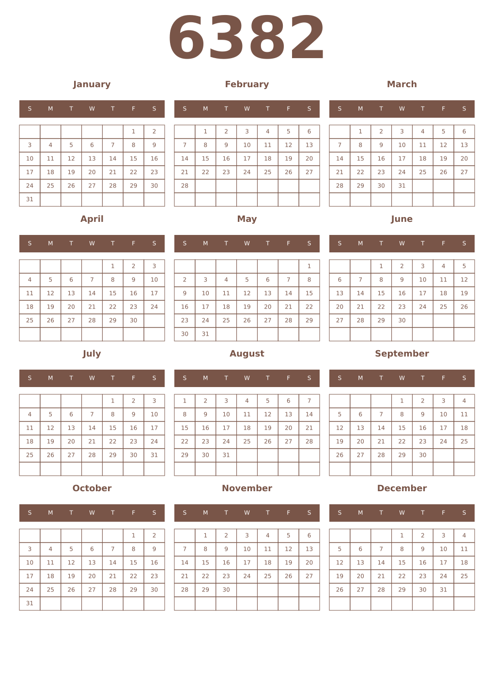 Printable 6382 Year Calendars coffe