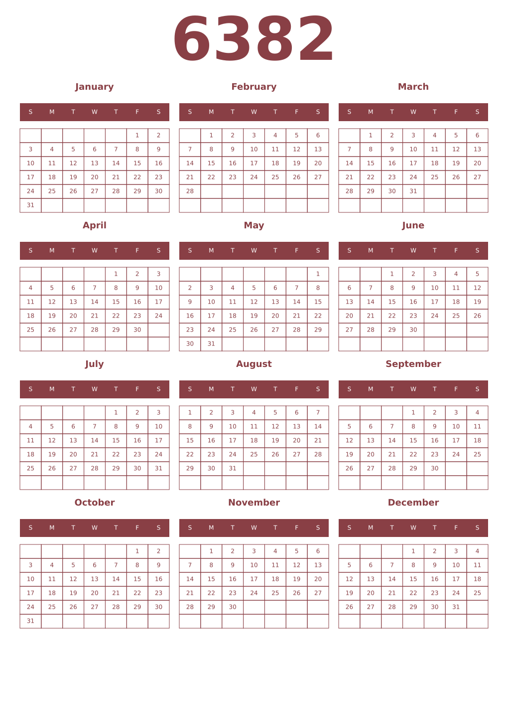 Printable 6382 Year Calendars cordovan