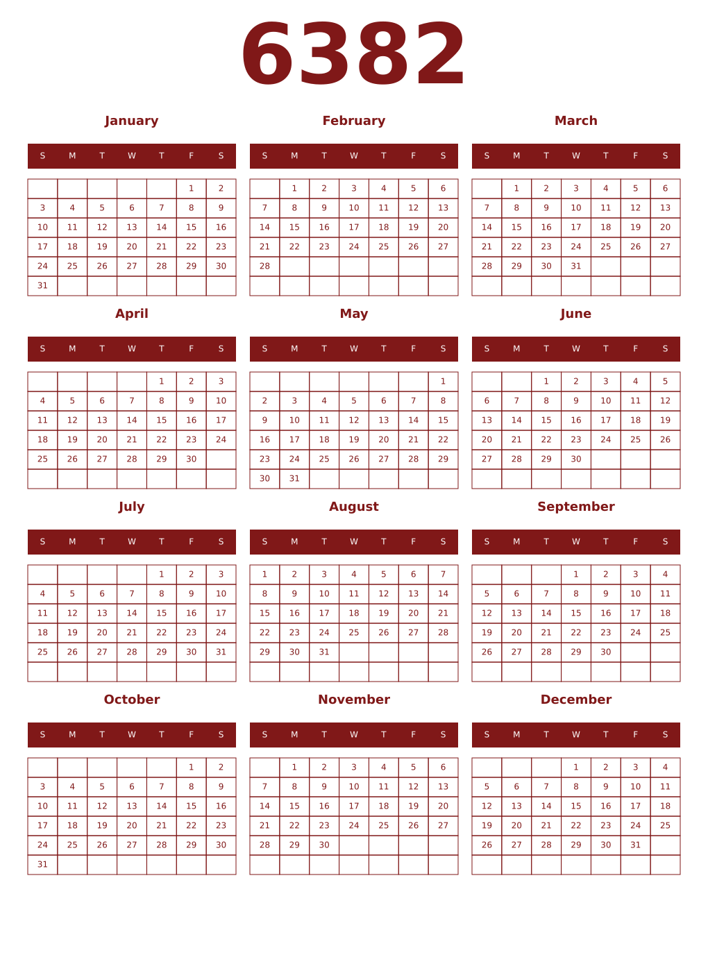Printable 6382 Year Calendars falu