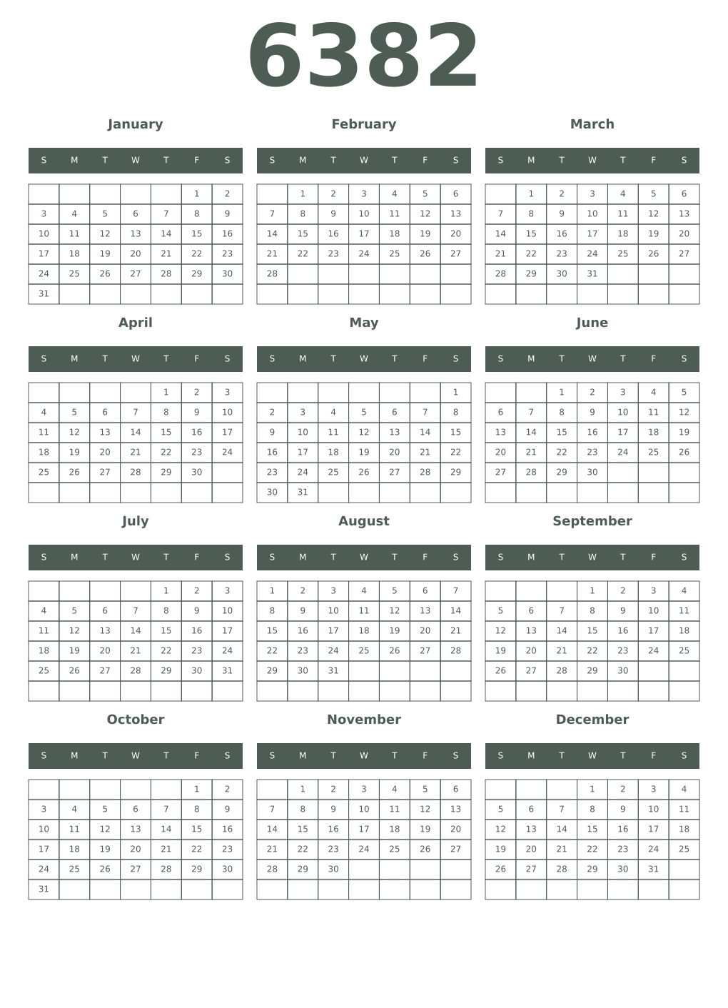 Printable 6382 Year Calendars feldgrau