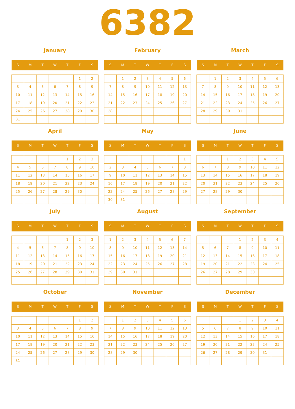 Printable 6382 Year Calendars gamboge