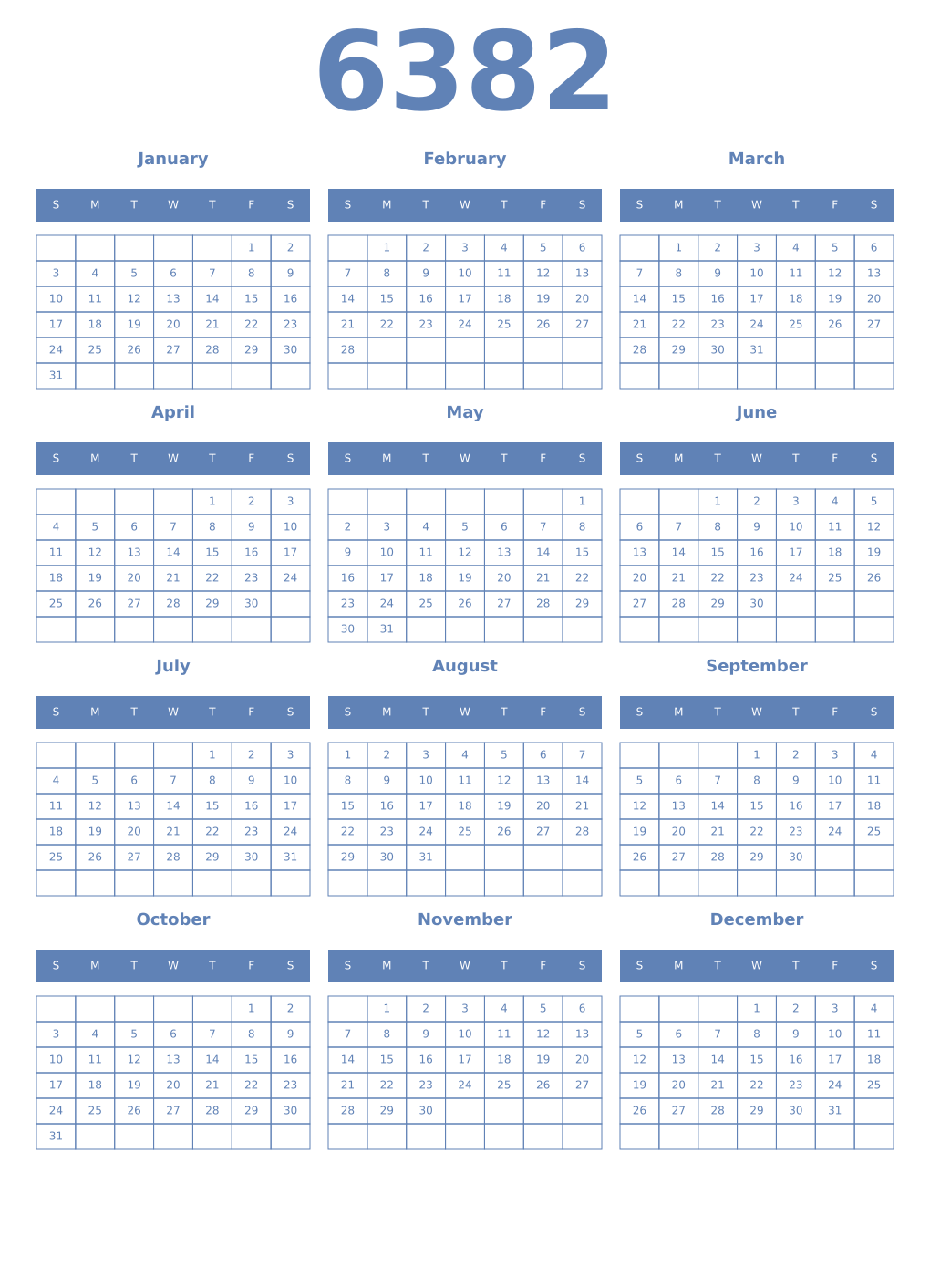 Printable 6382 Year Calendars glaucous