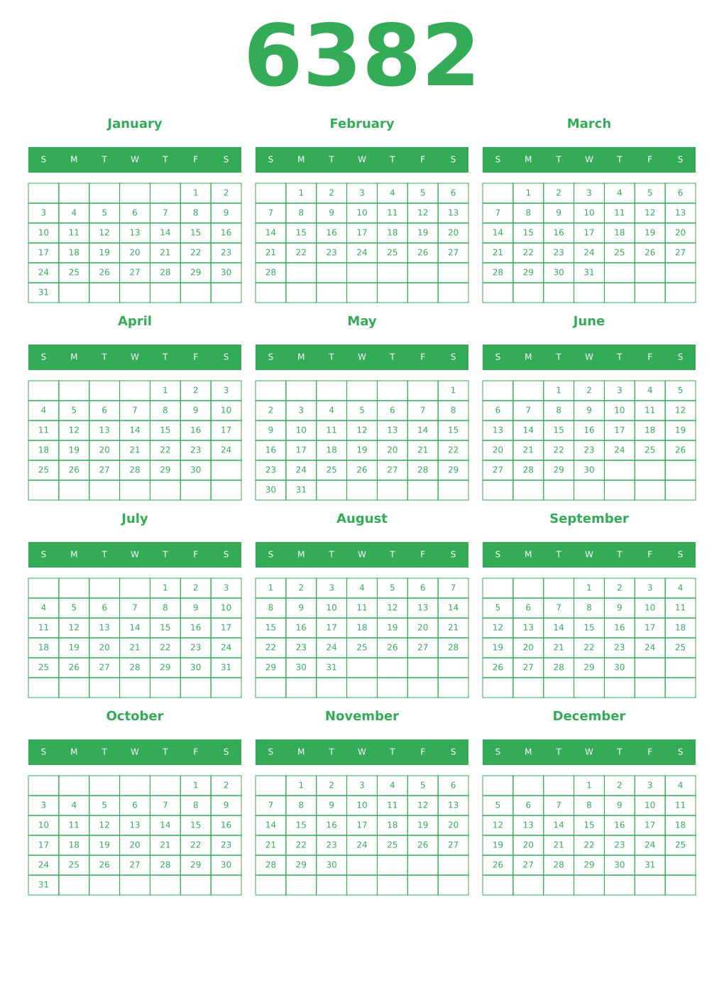 Printable 6382 Year Calendars green