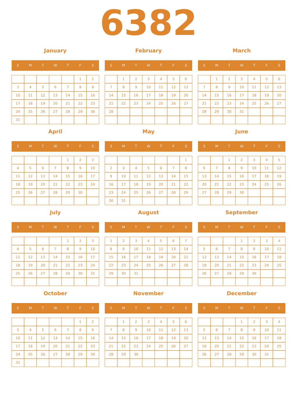 Printable 6382 Year Calendars orange