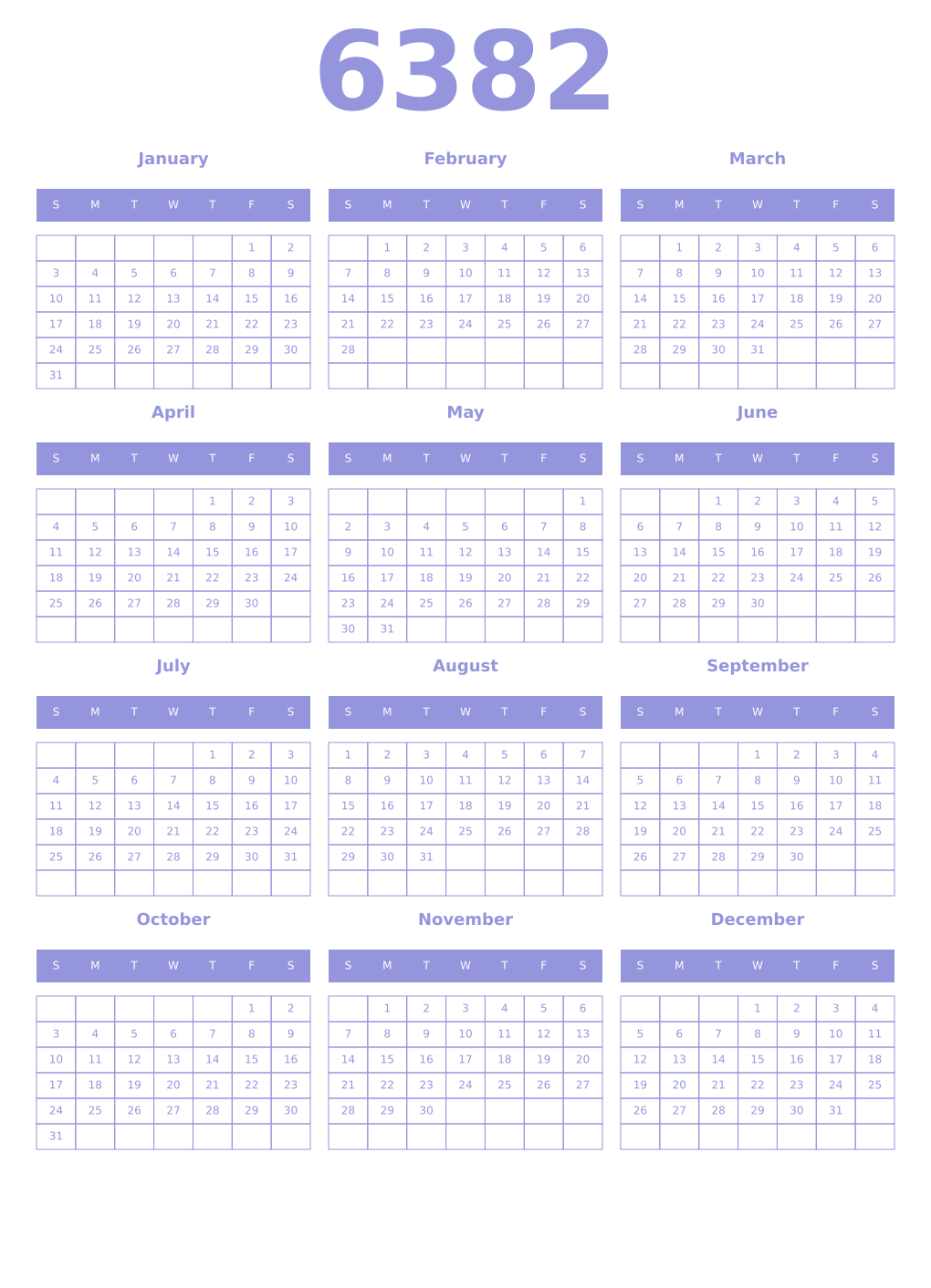 Printable 6382 Year Calendars periwinkle