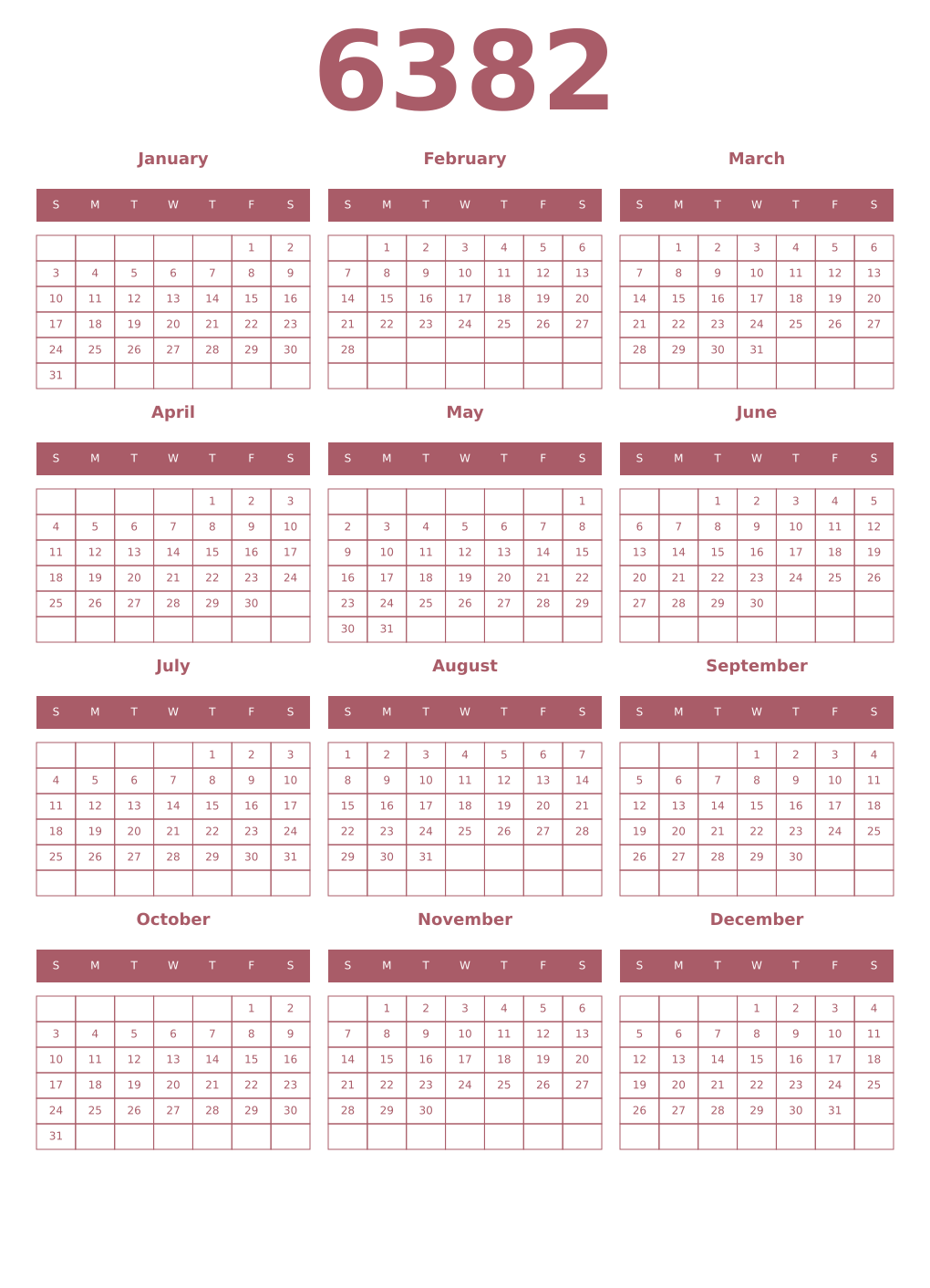 Printable 6382 Year Calendars puce