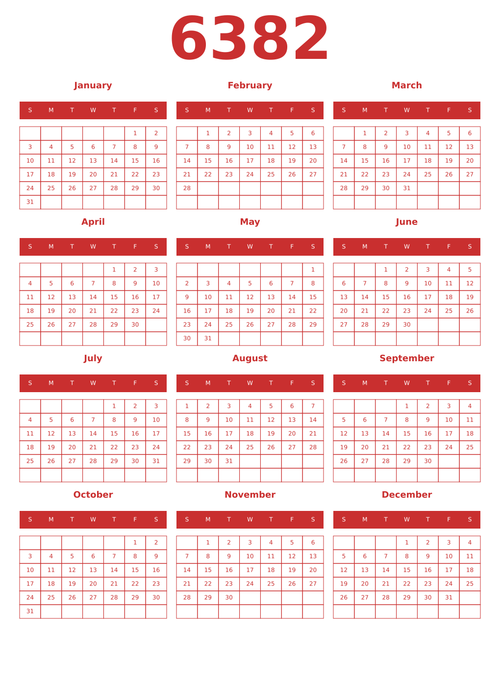 Printable 6382 Year Calendars red