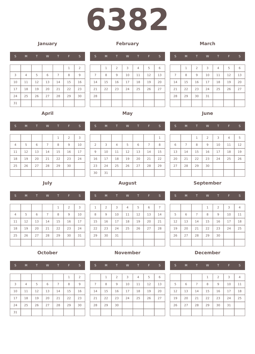 Printable 6382 Year Calendars wenge