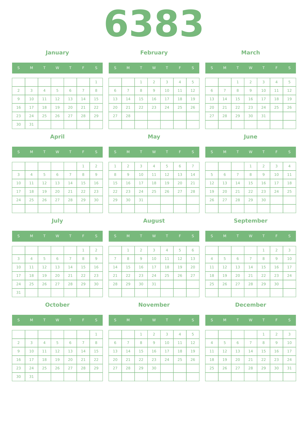 Printable 6383 Year Calendars celadon