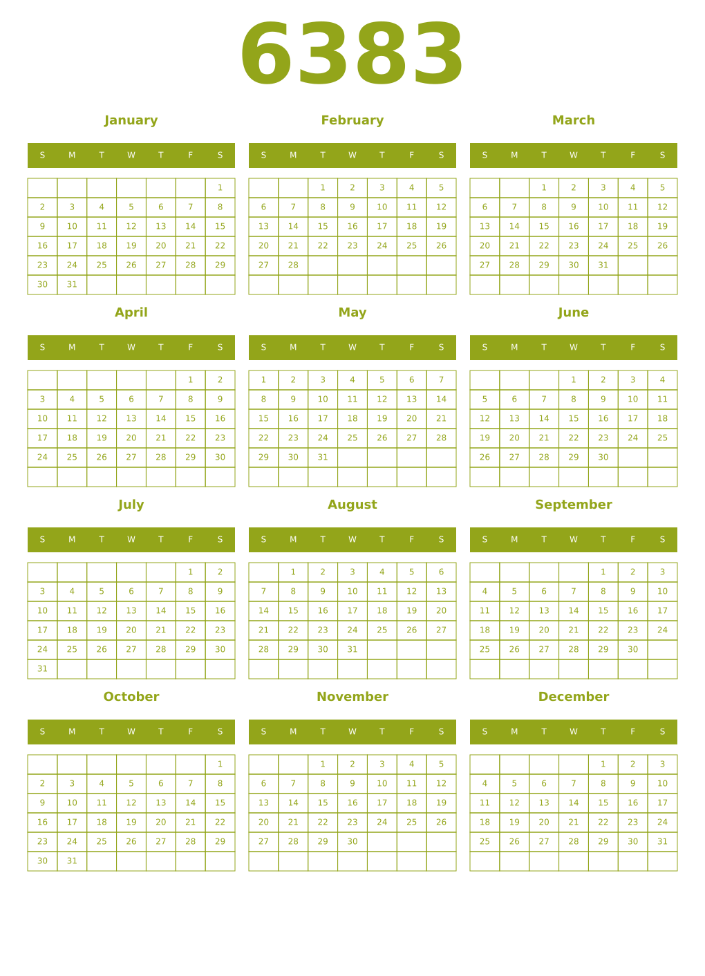 Printable 6383 Year Calendars chartreuse